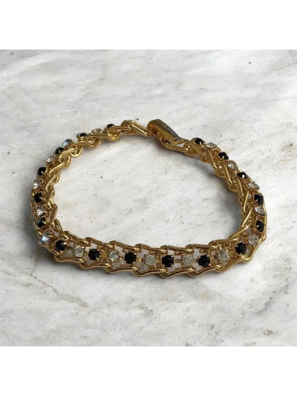 Vintage Gold Tennis Bracelet 7 Inch With Black & Clear Stones Retro Jewelry